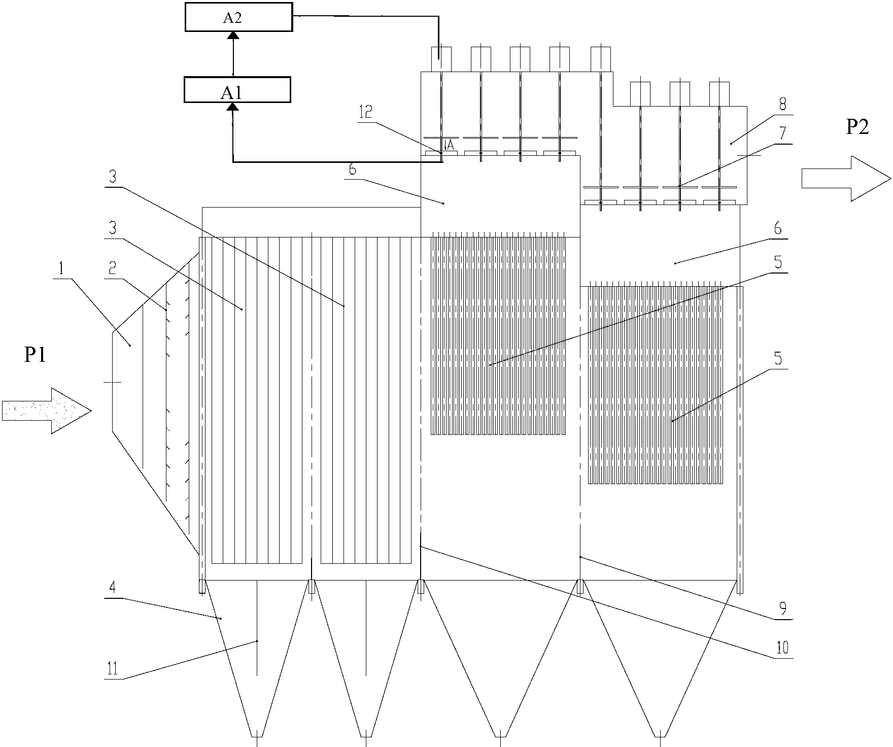 Air current flow distribution on-line adjusting device and method of electrostatic-fabric integrated dust collector