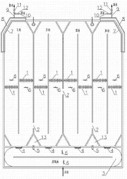 Improved four-ditch type oxidation ditch and sewage treatment method thereof