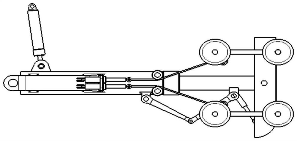 A deflection-correctable skid-type landing device with auxiliary wheels suitable for narrow retractable spaces