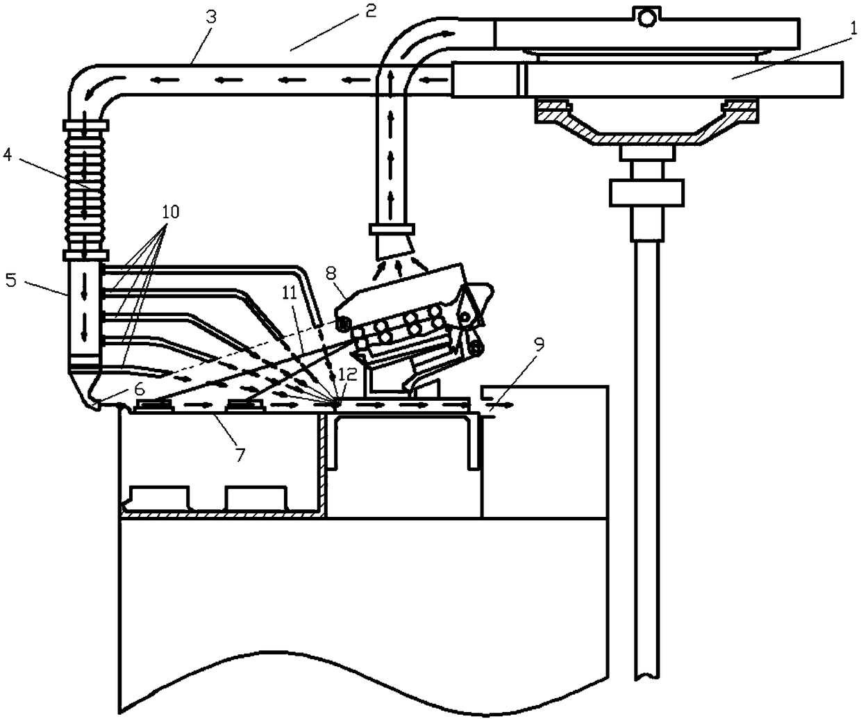 Row-type gathering blowing duct for the drafting area of ​​the traveling cleaning system of the roving frame