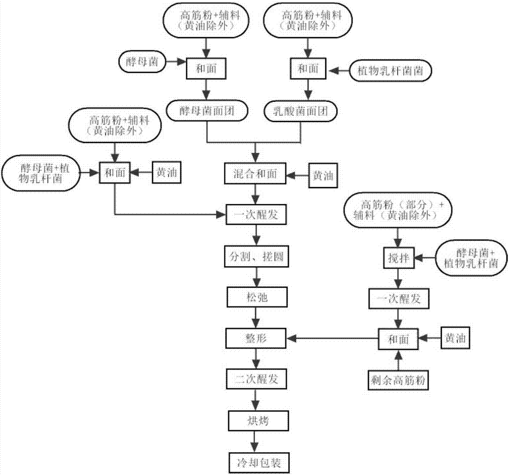 Lactic acid bacterium and saccharomycete co-fermented bread and production method thereof