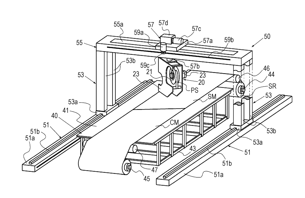 Feed device for reinforcing fiber material and method for cutting reinforcing fiber material by using the feed device