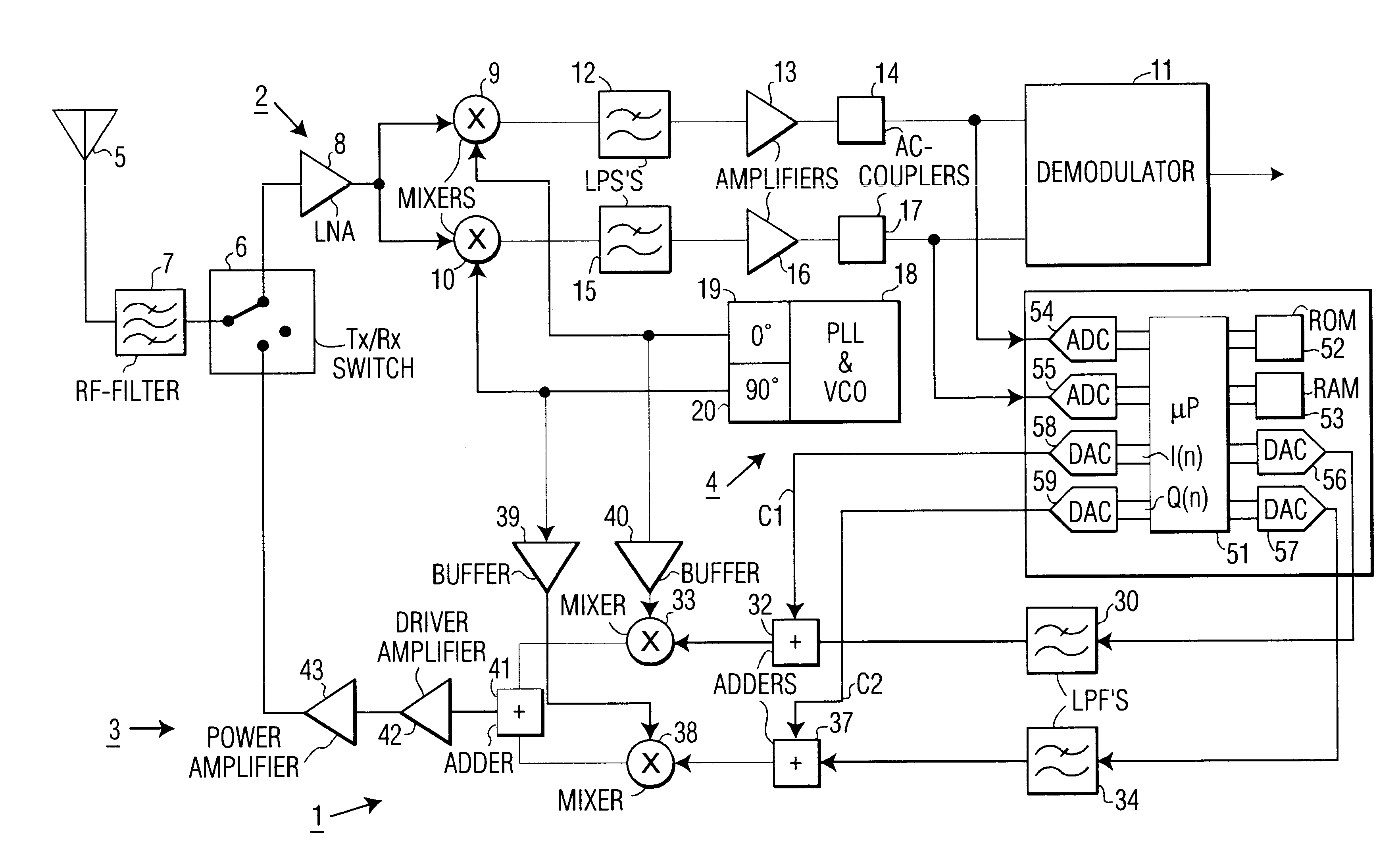 Autocalibration of a transceiver through nulling of a DC-voltage in a receiver and injecting of DC-signals in a transmitter