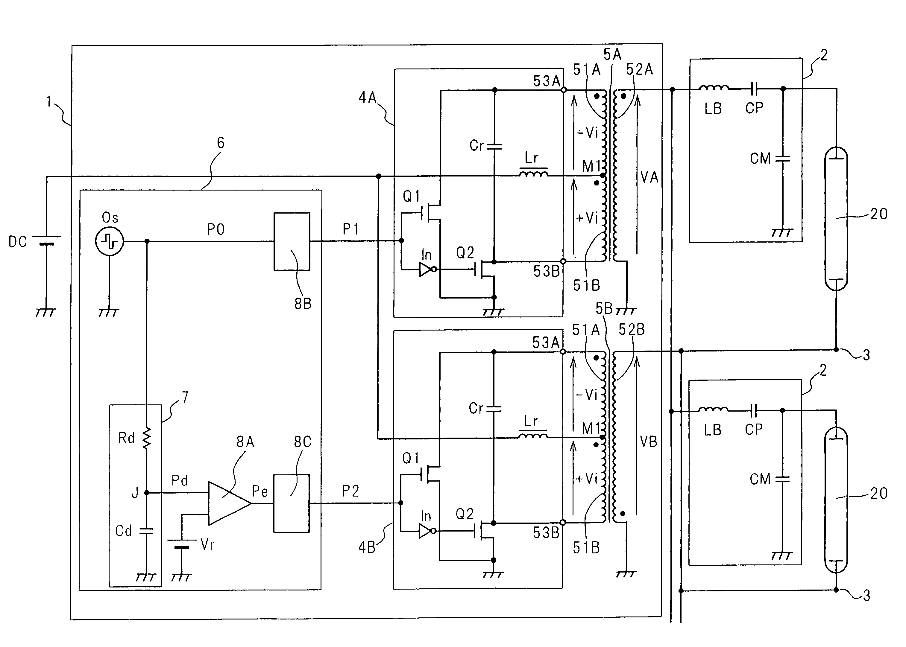 Cold-cathode tube lighting device for use in a plurality of cold-cathode tubes lit by two low-impedance power sources