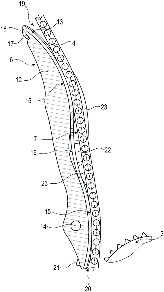 Tensioning or guide rail having a continuous recessed sliding body