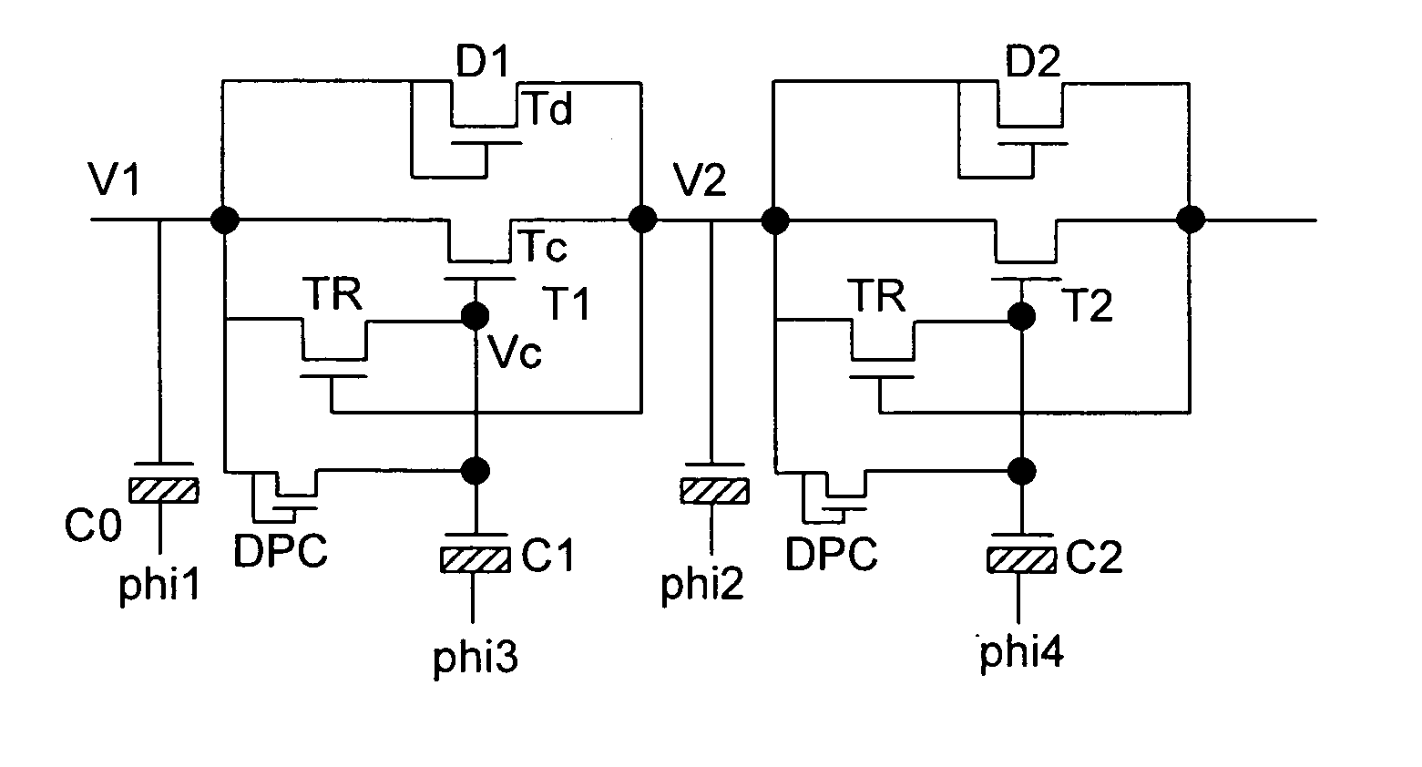 Four phase charge pump operable without phase overlap with improved efficiency