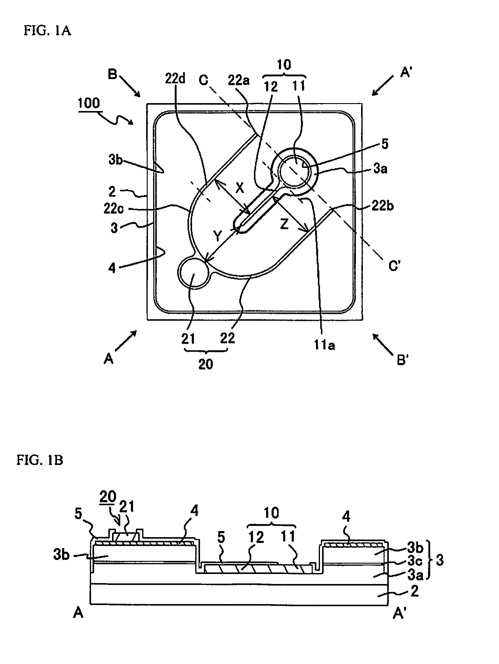 Light emitting element including first electrode with first connecting portion and first extending portion, and second electrode with second connecting portion and two second extending portions