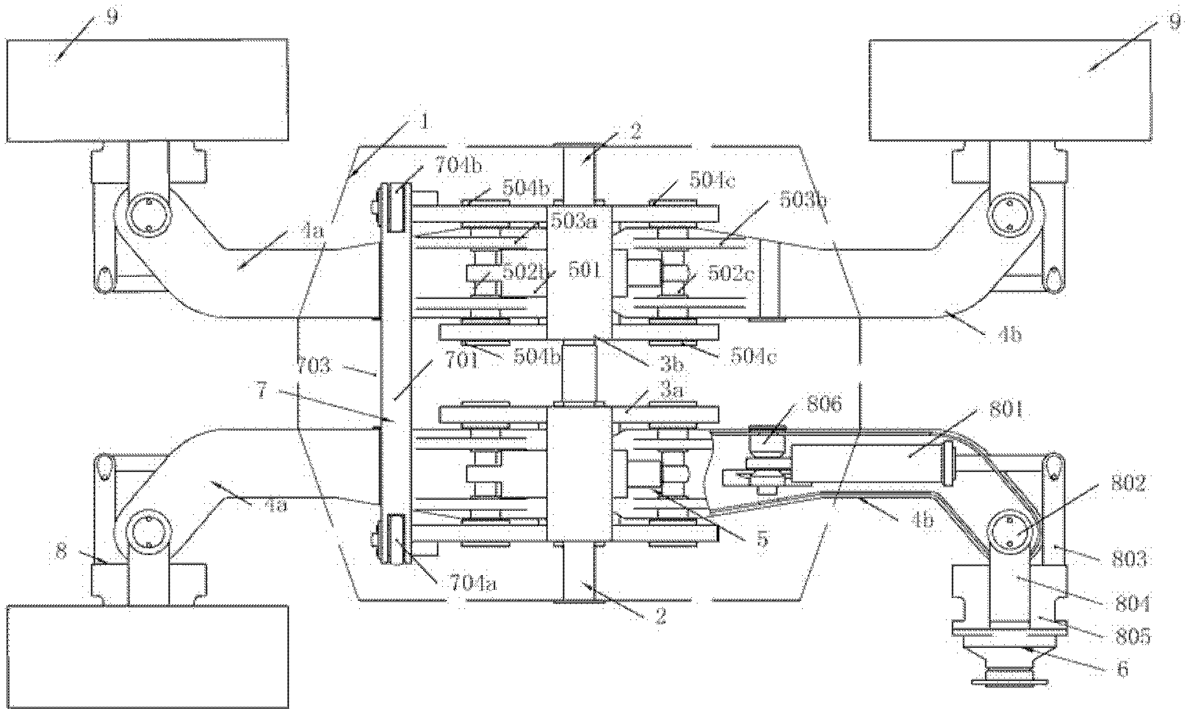 Engineering machine balancing rocker arm chassis travelling device