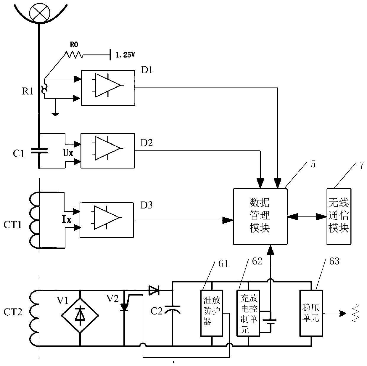 Power distribution network overhead line detection device, fault detection system and method