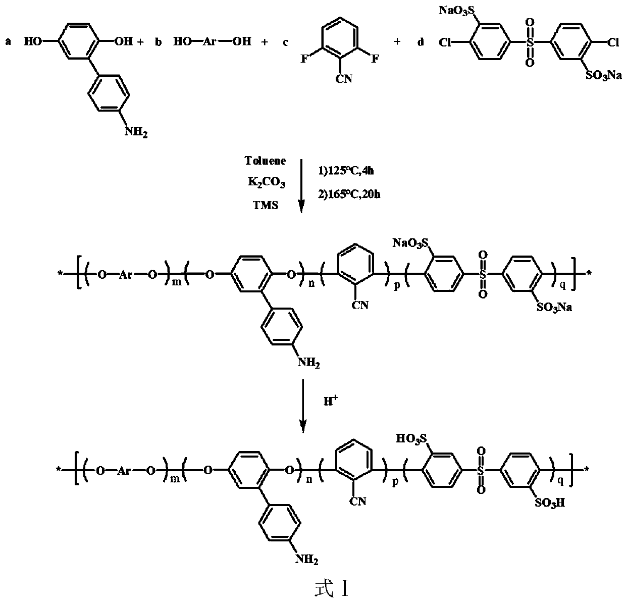 Cross-linked aminosulfonated polyfluorene ether sulfone nitrile proton exchange membrane material for fuel cells, preparation method and application thereof