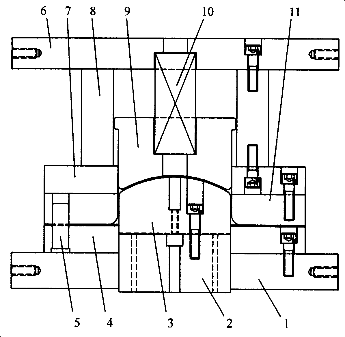 Unsymmetrical stretching forming mould capable of inducing plate material to rebound