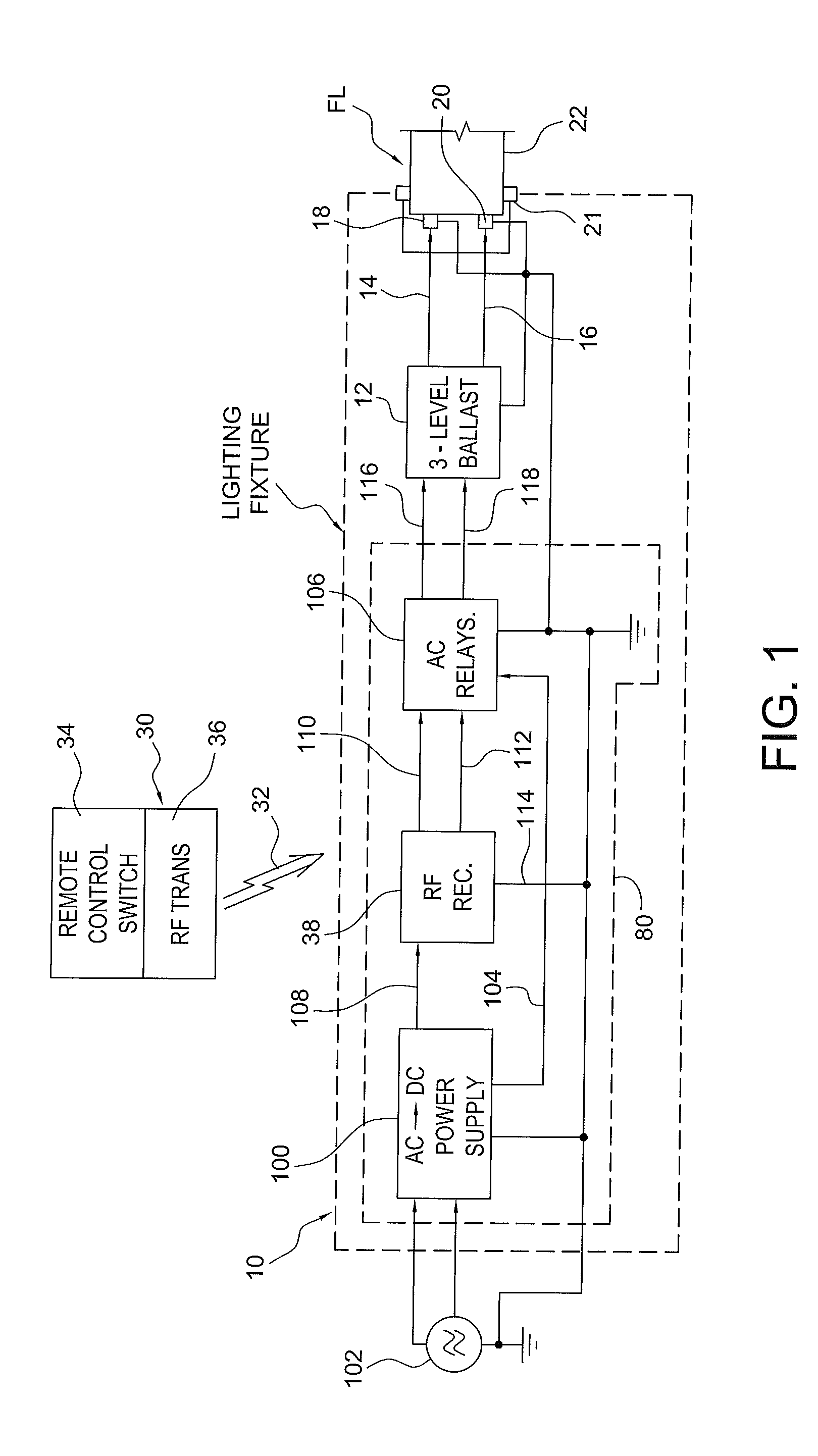 Radio Controlled Step Dimmer Control for Fluorescent Light Fixtures