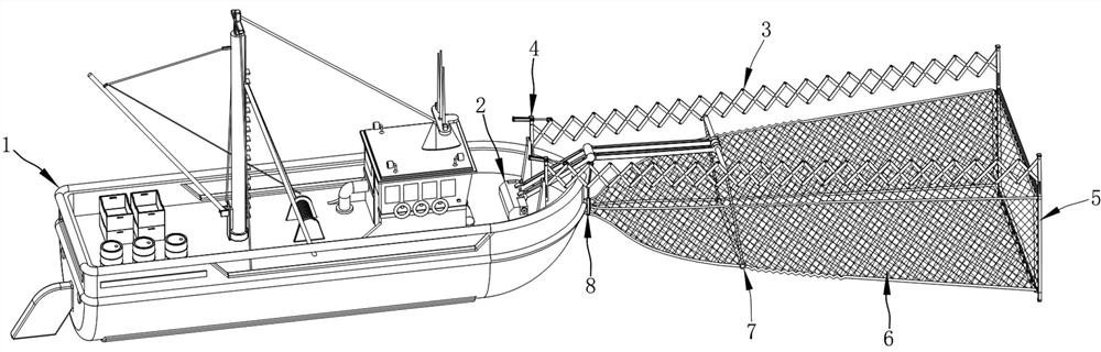 A front-extended trawling device for fishing boats based on surface fishing