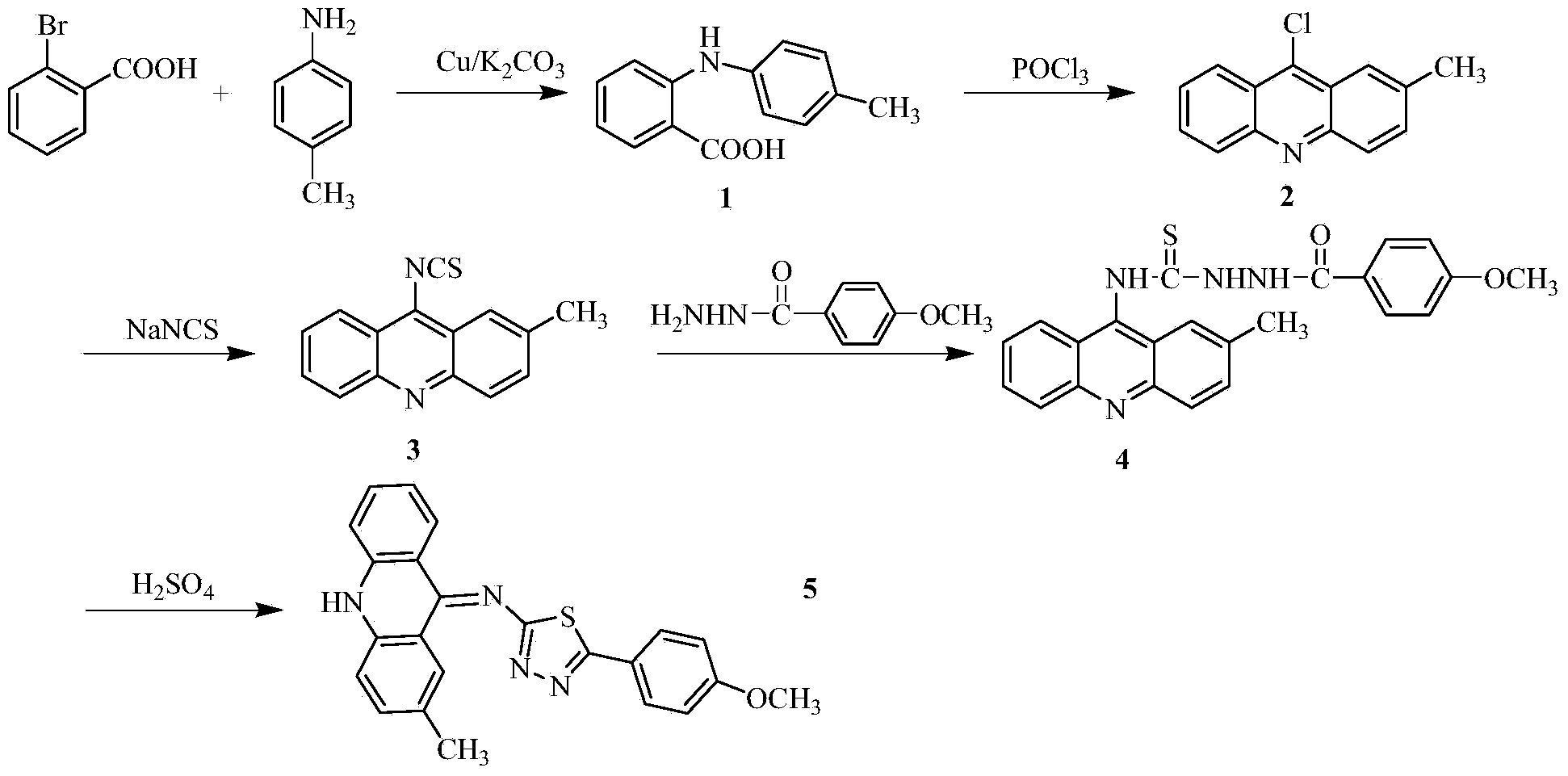 Acridine-1, 3, 4-thiadiazole type compound and preparation method and application thereof