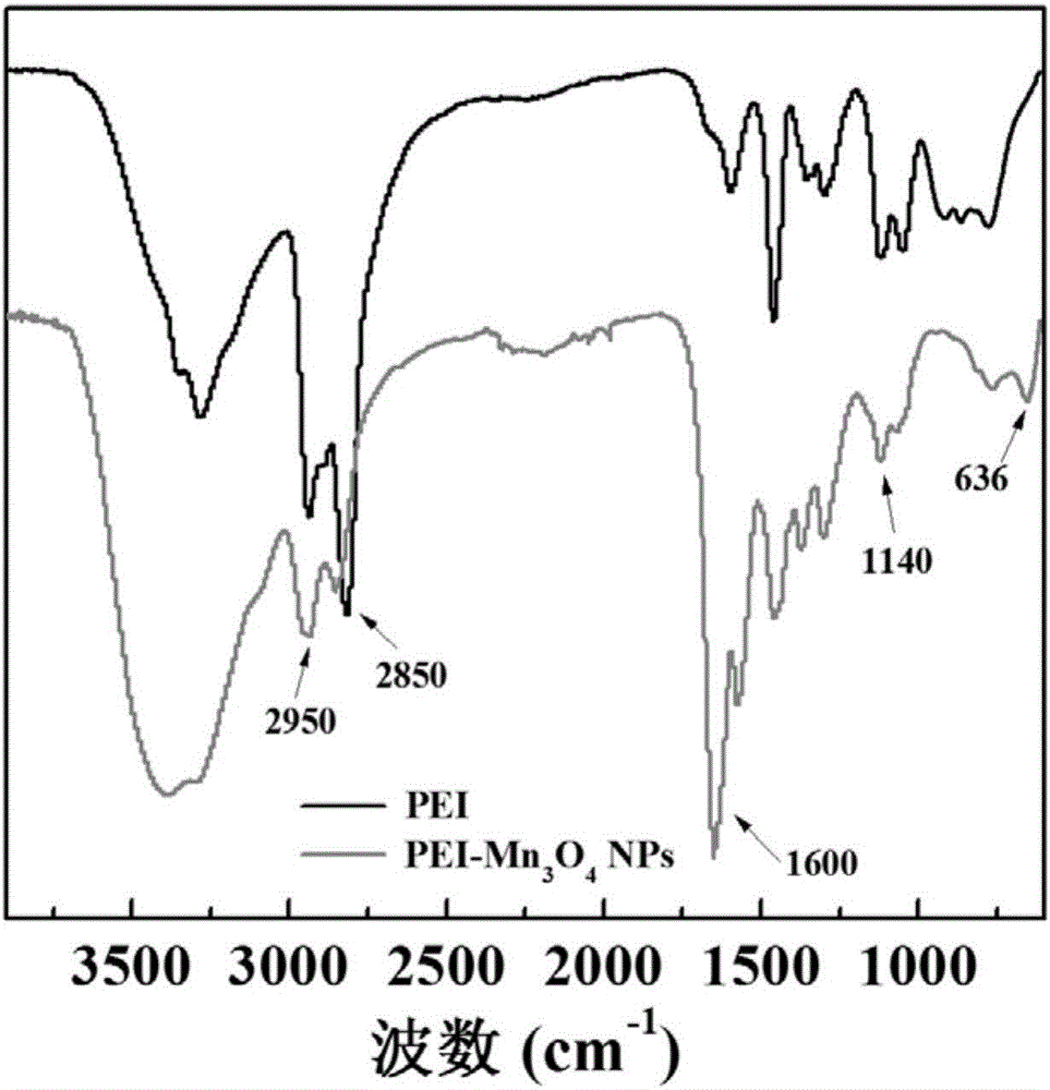 Method for preparing 64 Cu marked and folic acid targeted functional trimanganese tetroxide nano-particles with stable polyethyleneimine