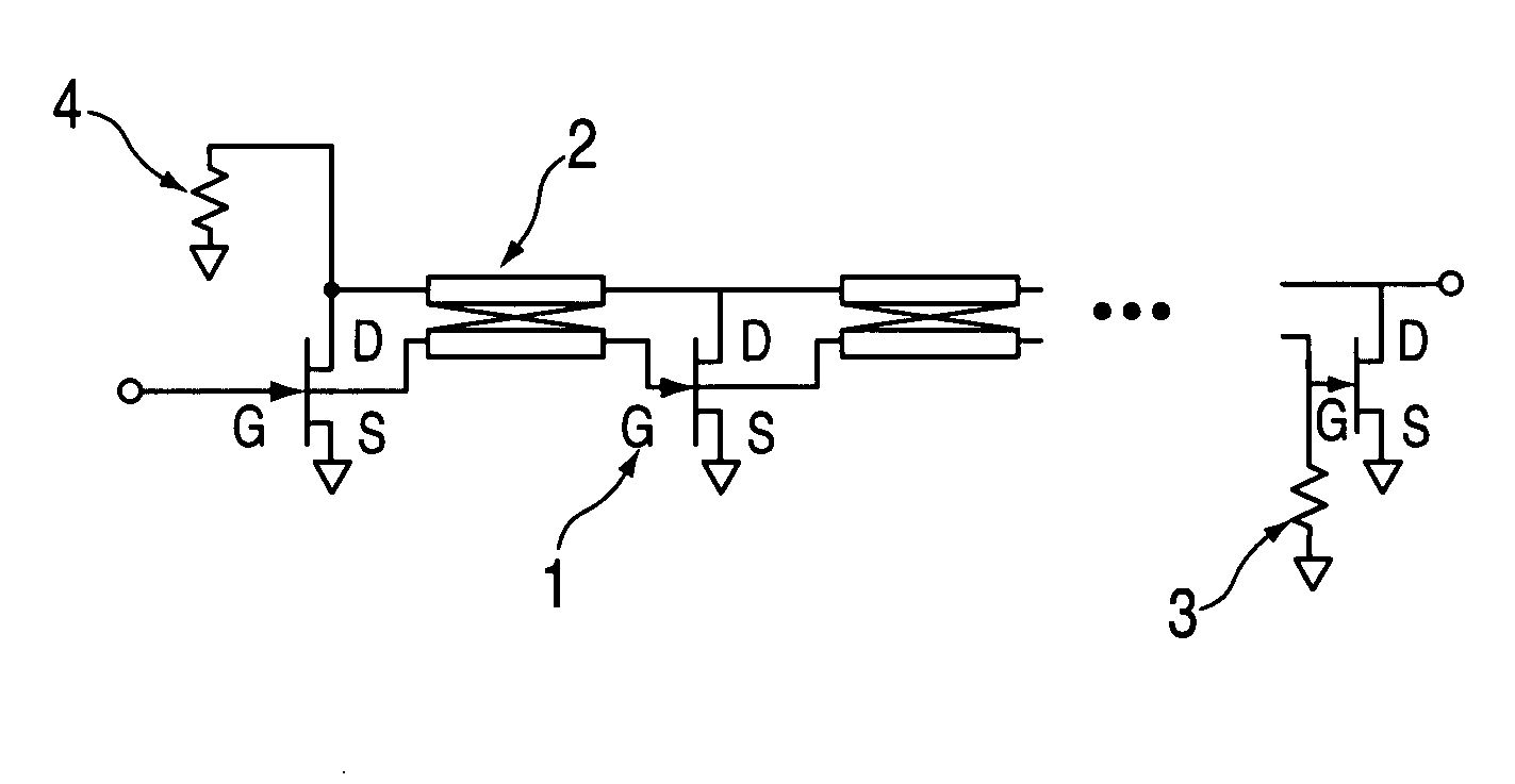 Traveling wave amplifier with distributed regenerative feedback between drain-to-drain transmission lines and gate-to-gate transmission lines for enhanced high frequency bandwidth