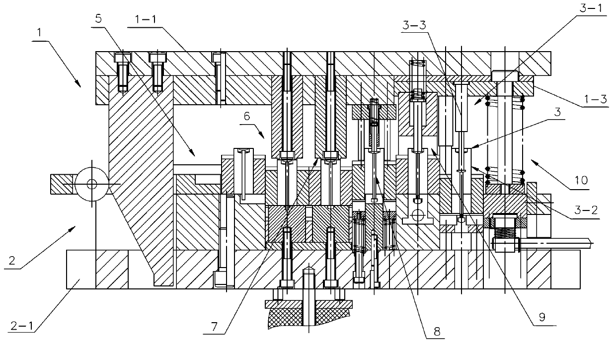 Blanking mechanisms of pressing pin head part molding progressive die