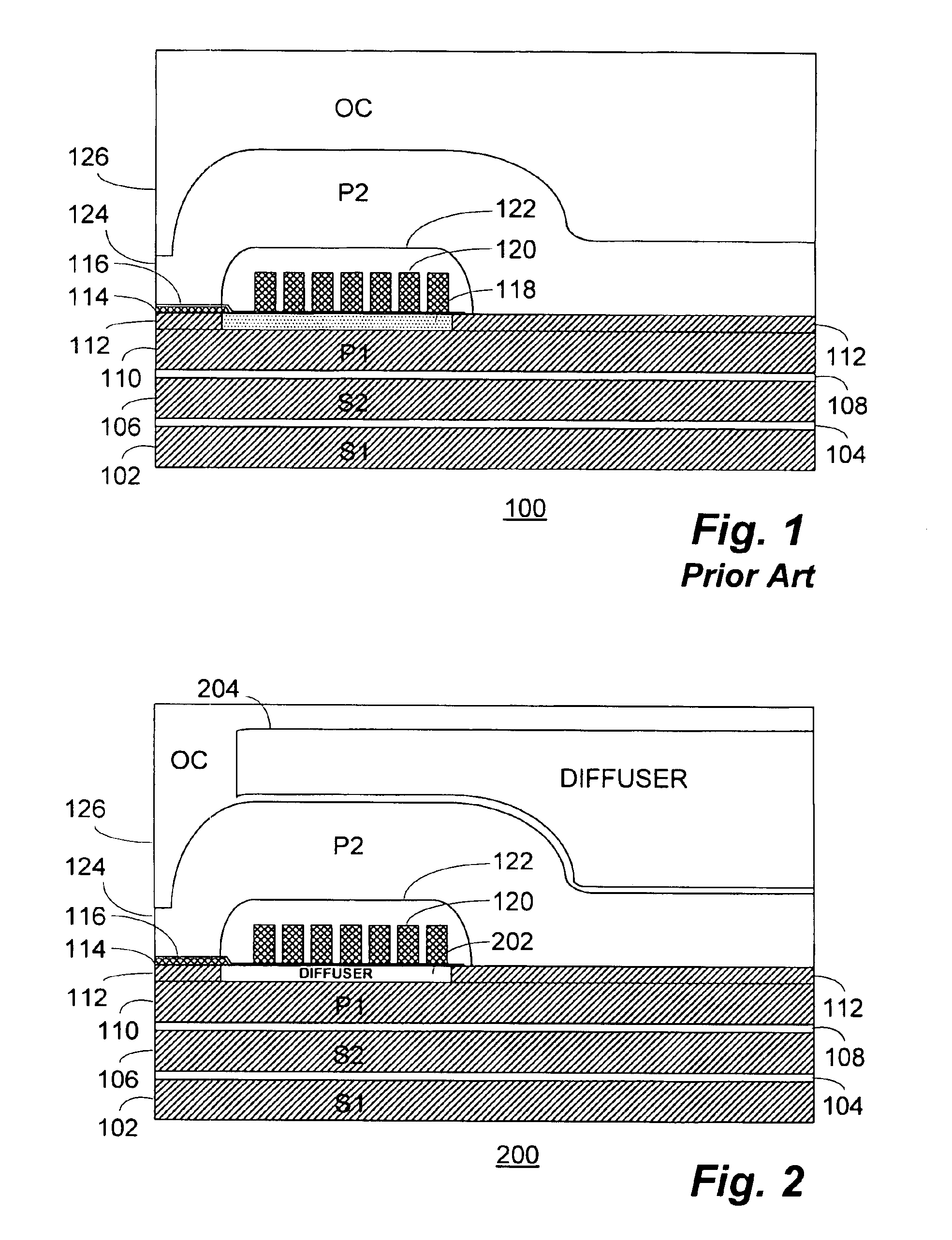 Technique for reducing pole tip protrusion in a magnetic write head and GMR stripe temperature in an associated read head structure utilizing one or more internal diffuser regions