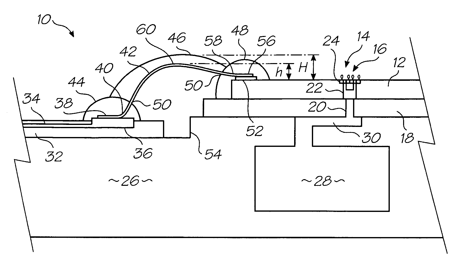 Electronic component with wire bonds in low modulus fill encapsulant