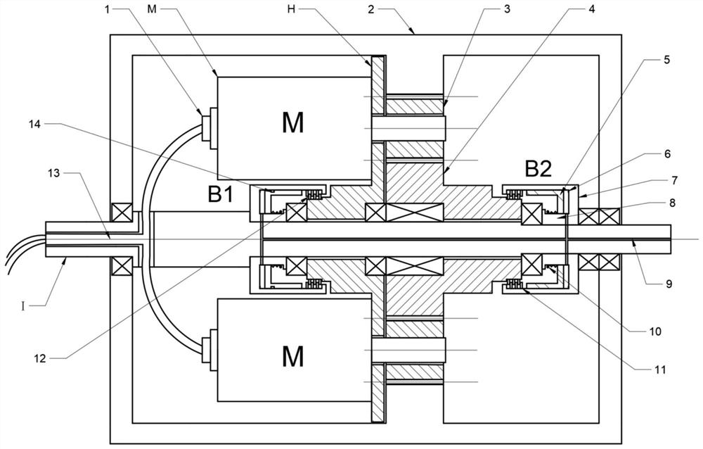 Multi-gear hub transmission with three motors and two brakes