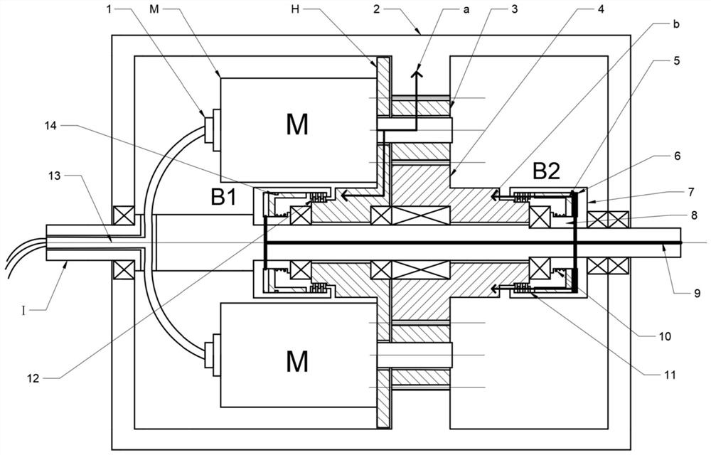 Multi-gear hub transmission with three motors and two brakes