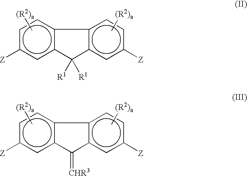 Fluorene-containing polymers and compounds useful in the preparation thereof