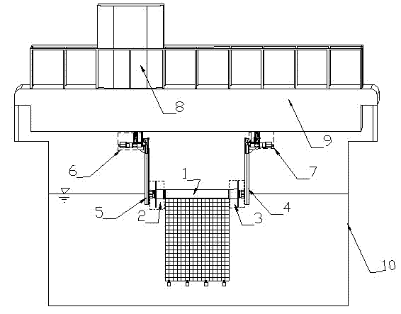 Horizontal forced vibration experimental device for sectional models of FISHFRAM float bowls flowing down uniformly