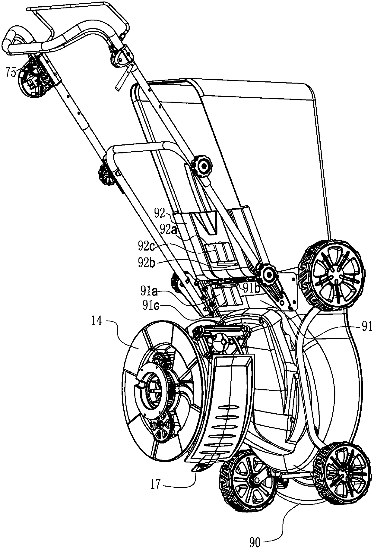 Lawn mower with grass-pushing anti-blockage device and grass breaking preventer which is controlled by remote electromagnet