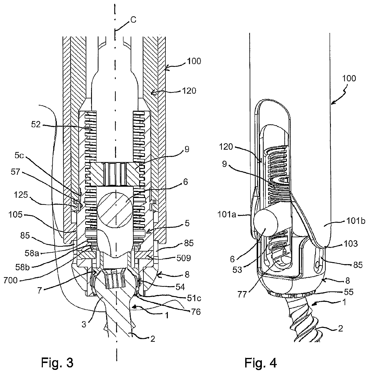 Polyaxial bone anchoring device and system including an instrument and a polyaxial bone anchoring device