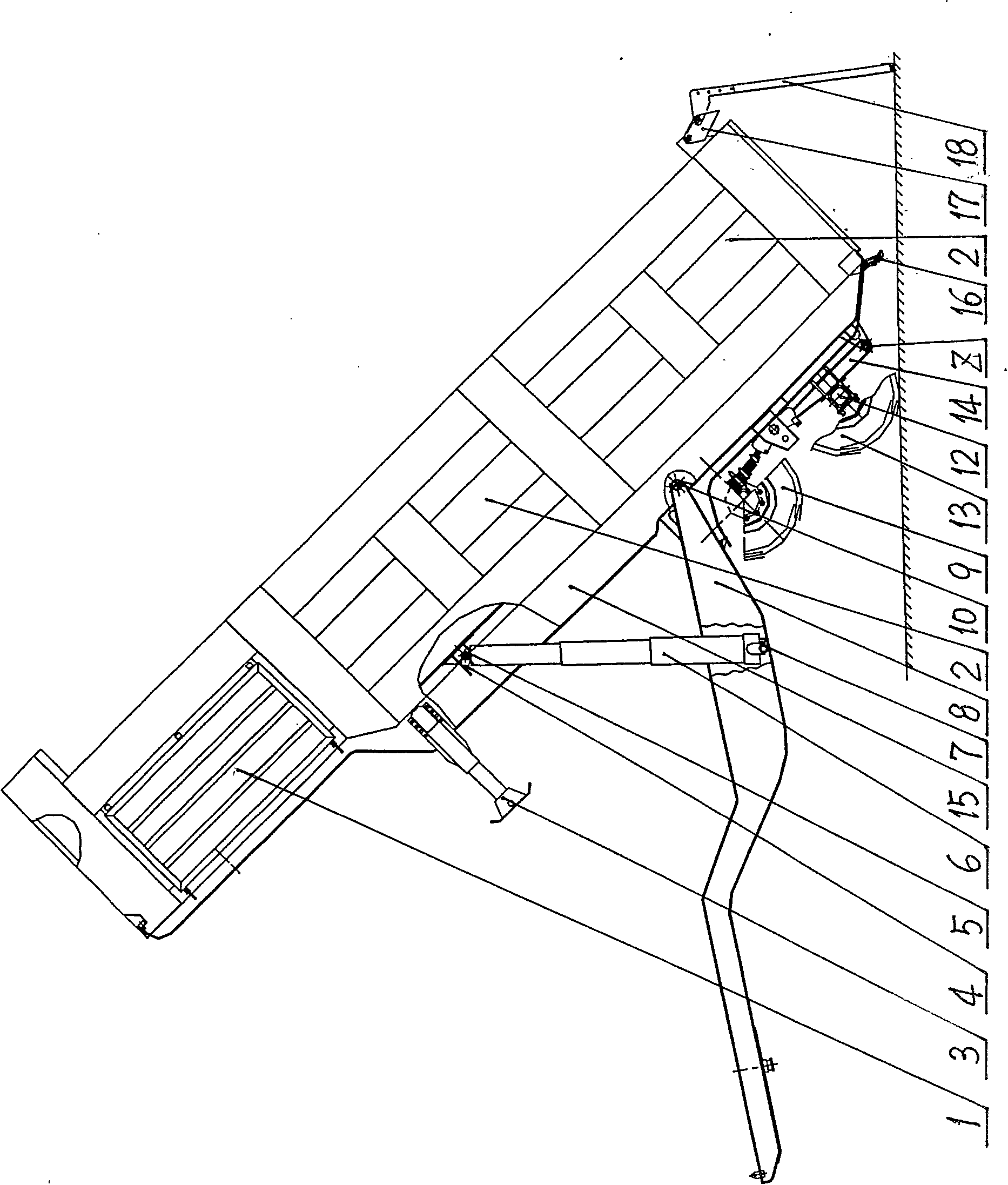 Turnover-type self-discharging semitrailer with low gravity centre supported by rear hub