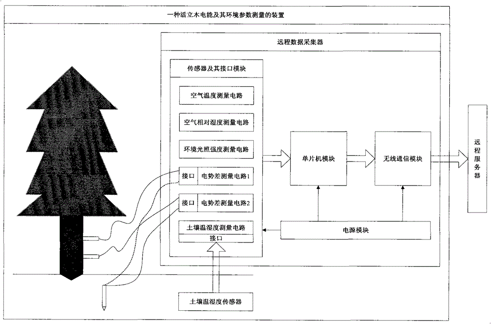 A device for measuring electrical energy and environmental parameters of standing trees