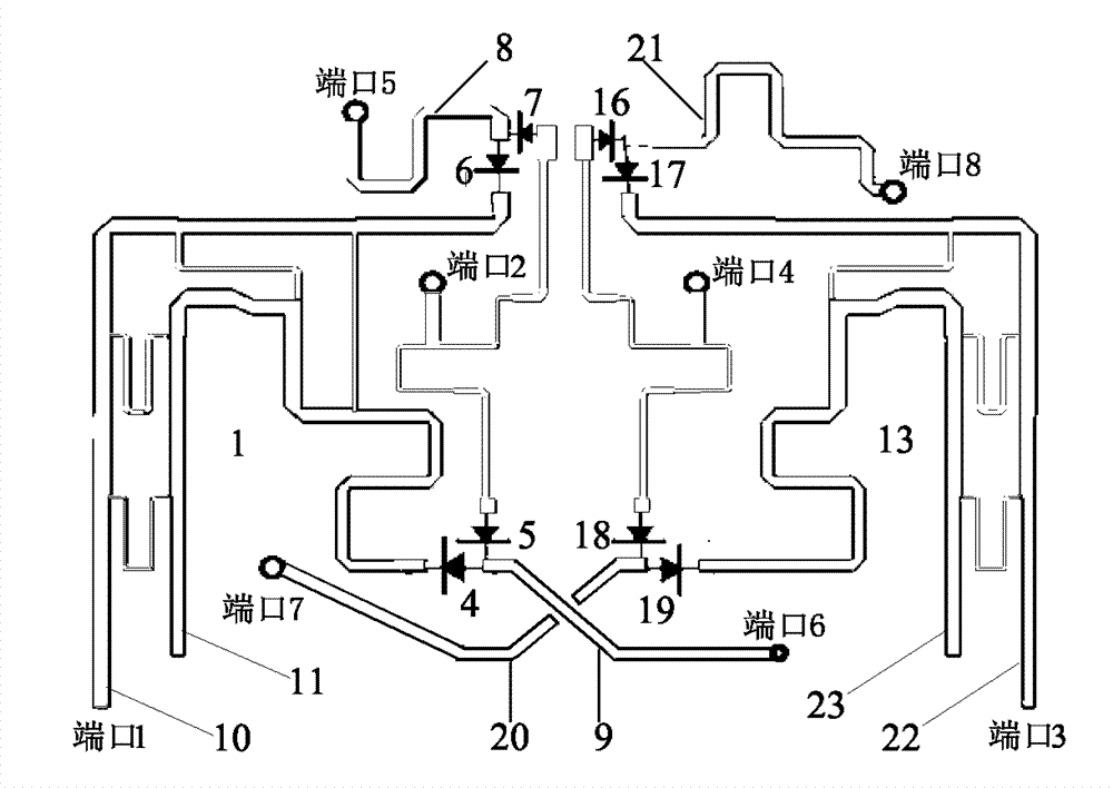 Microstrip bimodule feed network of antenna with four ports