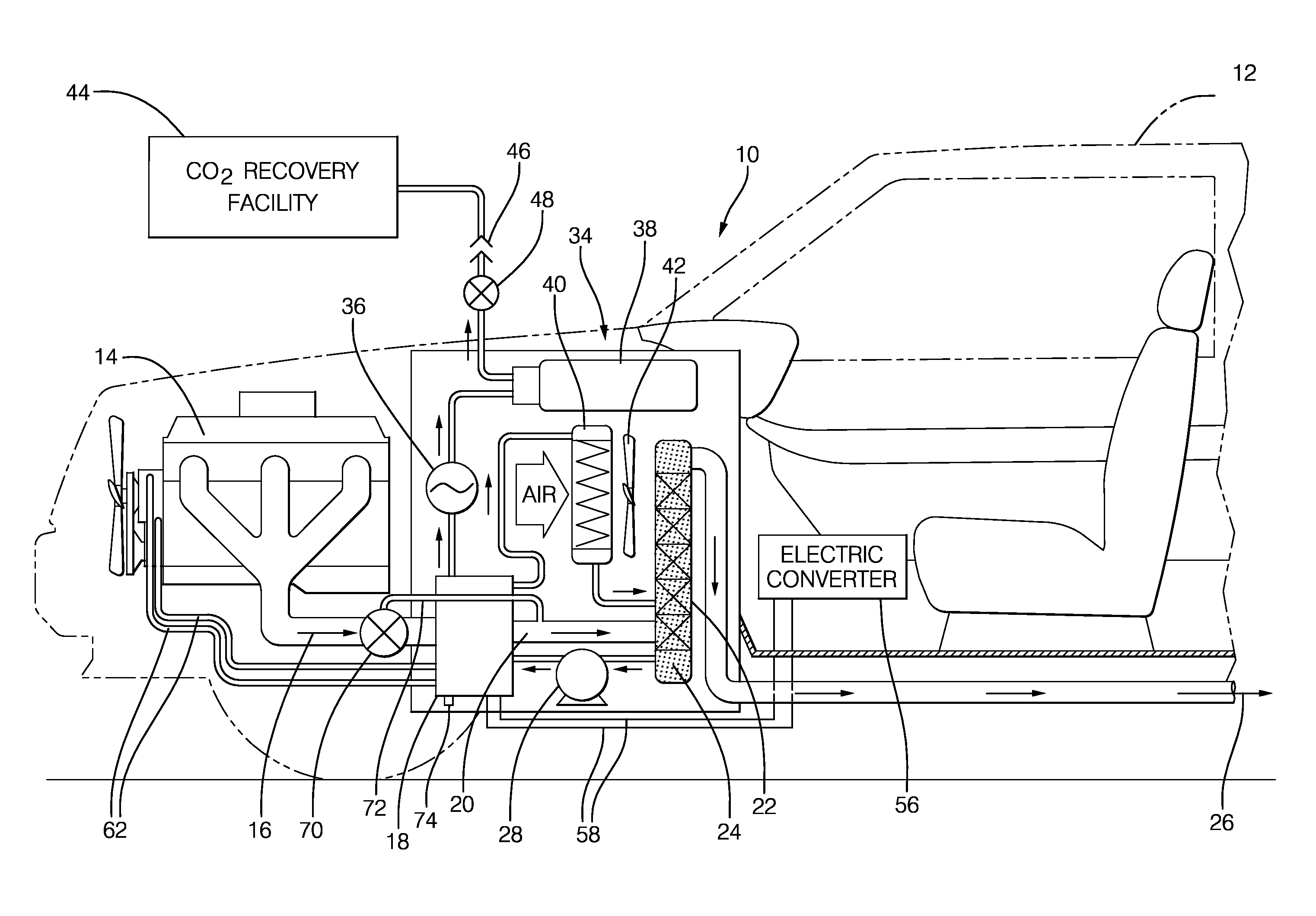 Carbon dioxide absorbent fluid for a carbon dioxide sequestering system on a vehicle