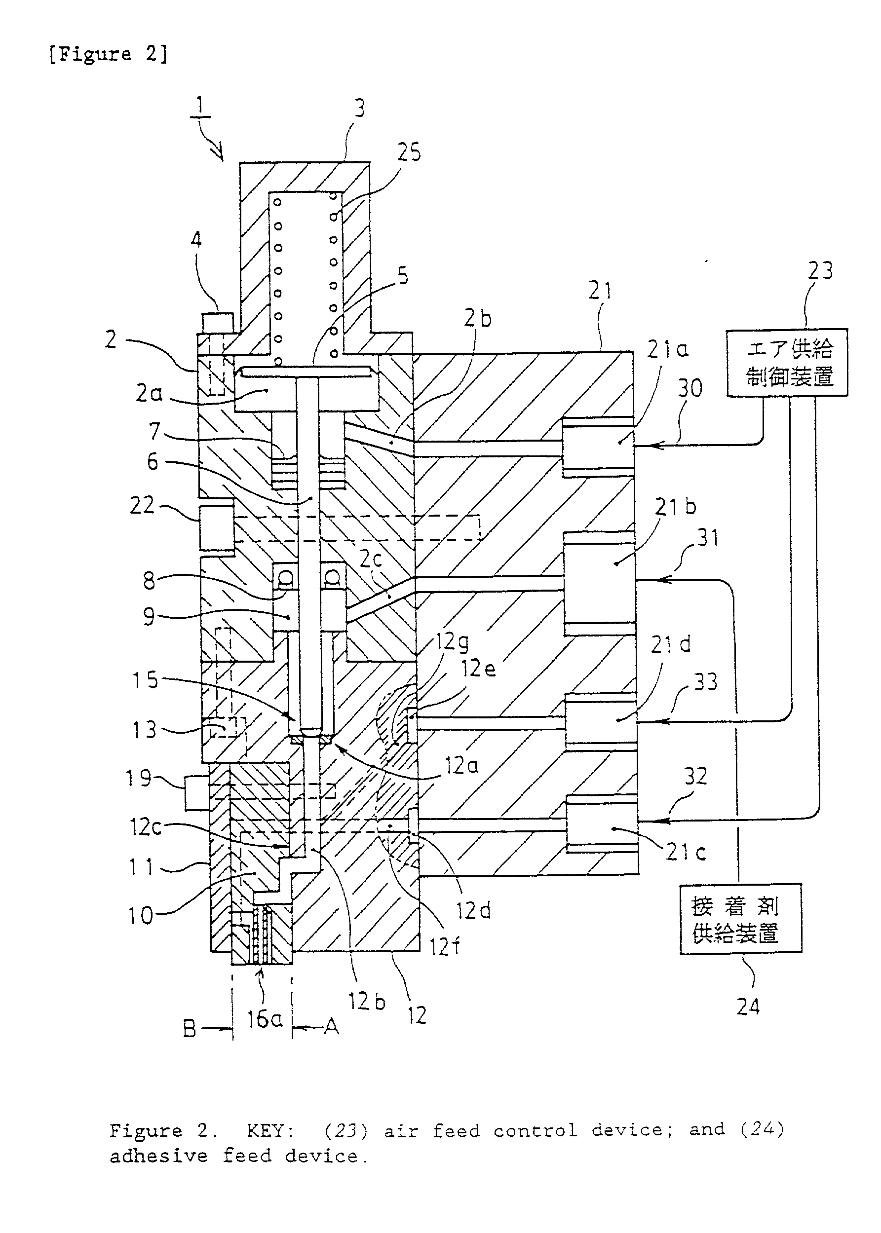 Device and method for applying adhesive to materials such as strands