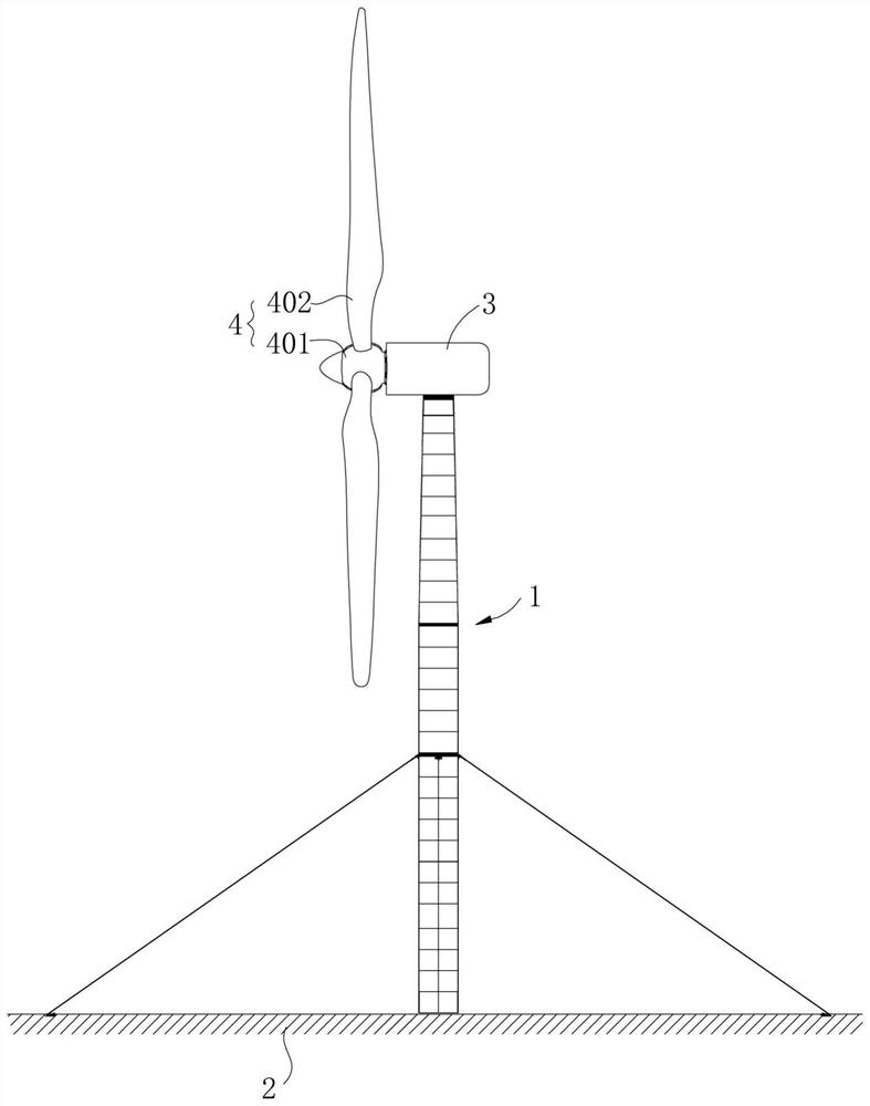 Guyed tower, wind-driven generator unit and inhaul cable anchoring element