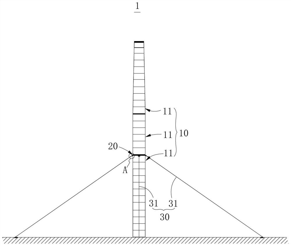 Guyed tower, wind-driven generator unit and inhaul cable anchoring element