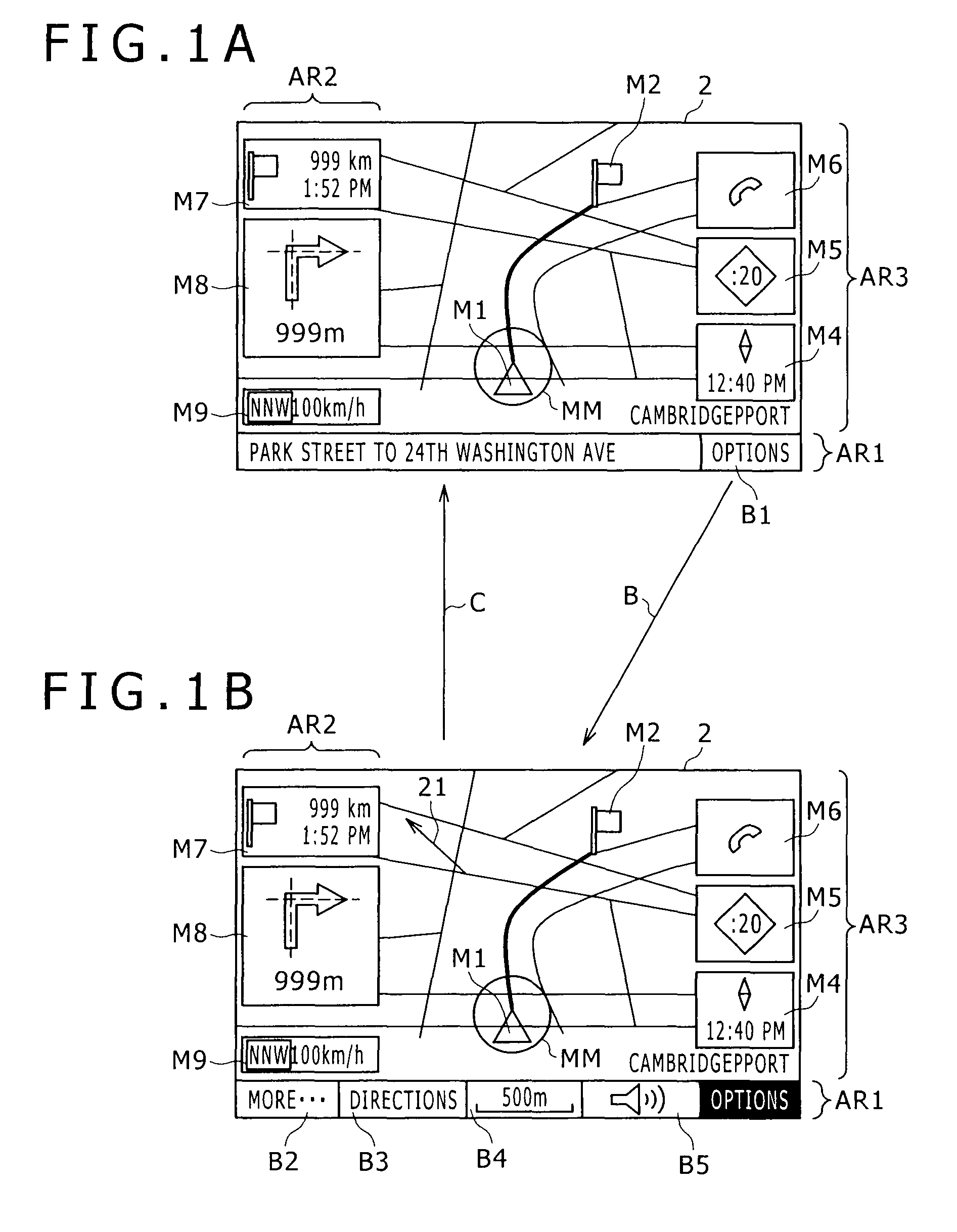 Navigation apparatus and navigation apparatus display method