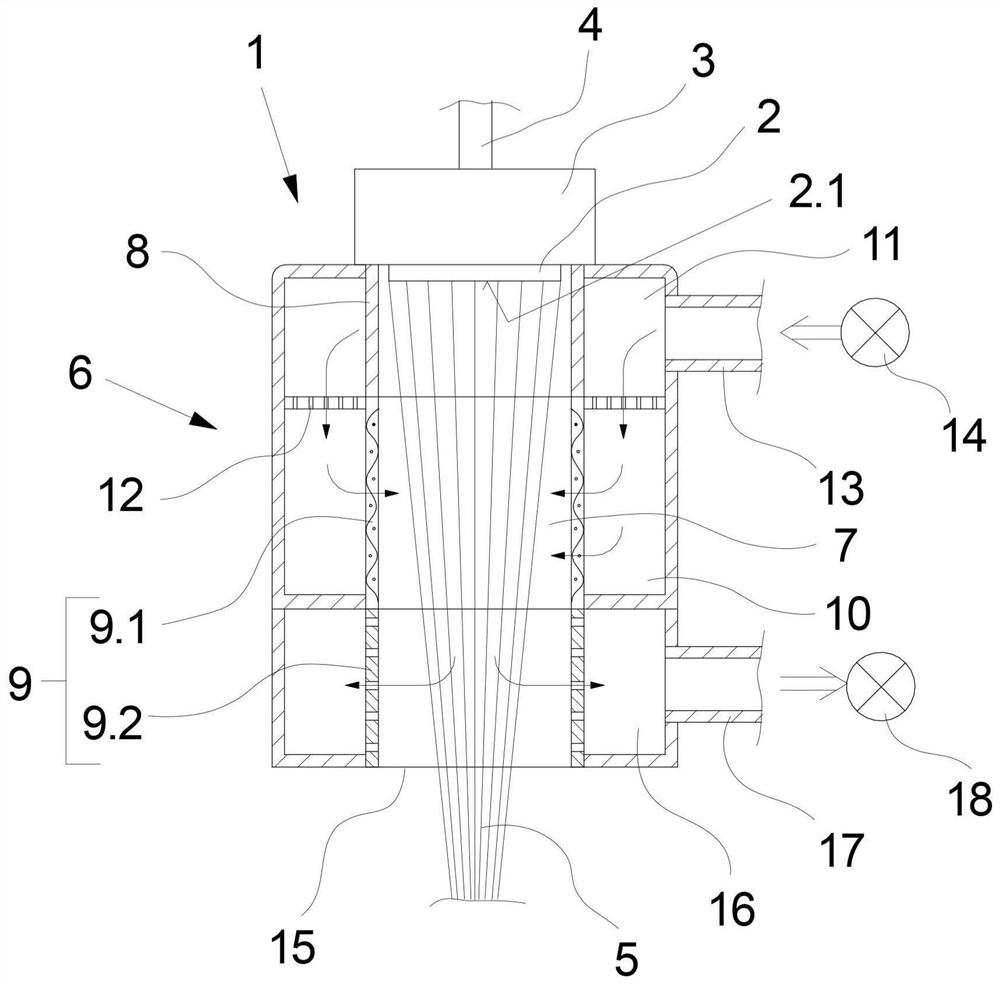 Device for melt spinning and cooling a plurality of synthetic filaments