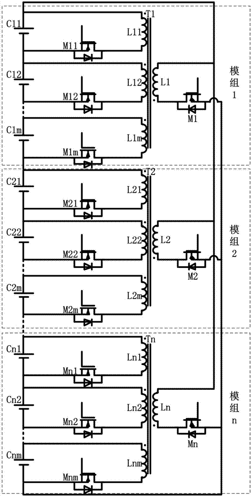 Equalization circuit structure between single batteries and battery pack, and method