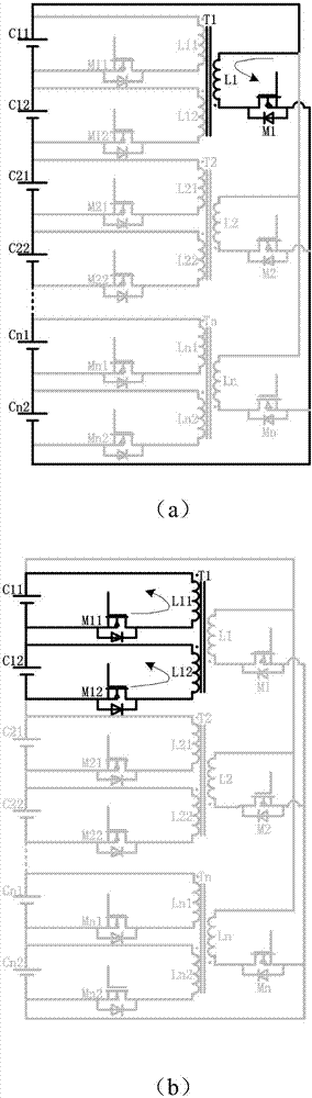 Equalization circuit structure between single batteries and battery pack, and method