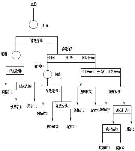 Beneficiation process for refractory micro-fine particle-graded iron-copper ore