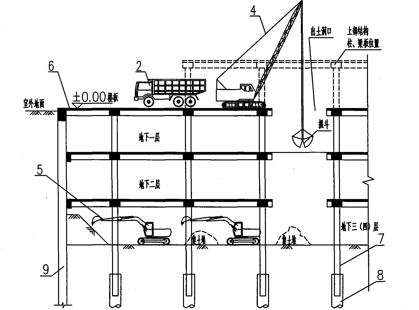 Elevator for deep foundation pit excavation by inverse construction method, and excavation system and method