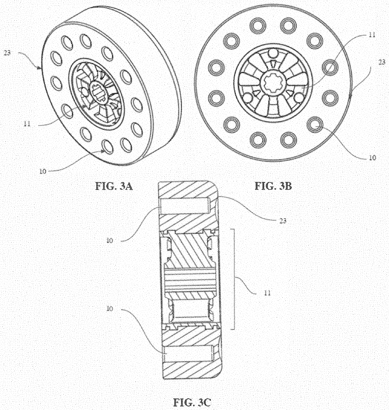 Power-driven shoe device wheel configuration with combined translational and rotational hinge mechanism and integrated gear-bushing assembly