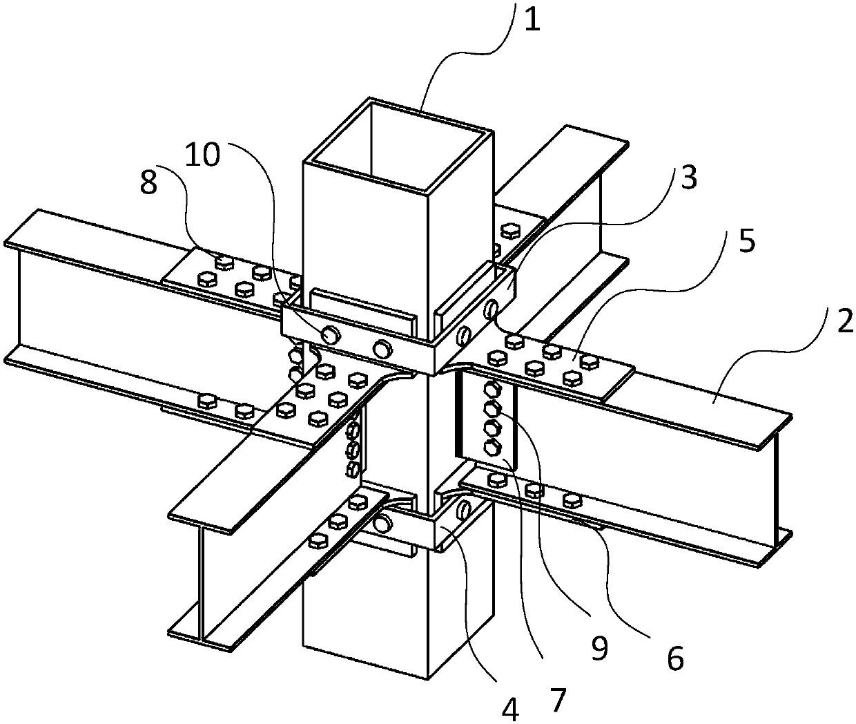 Rectangular steel pipe column-H steel beam full-bolt connection self-rigidity node and construction method