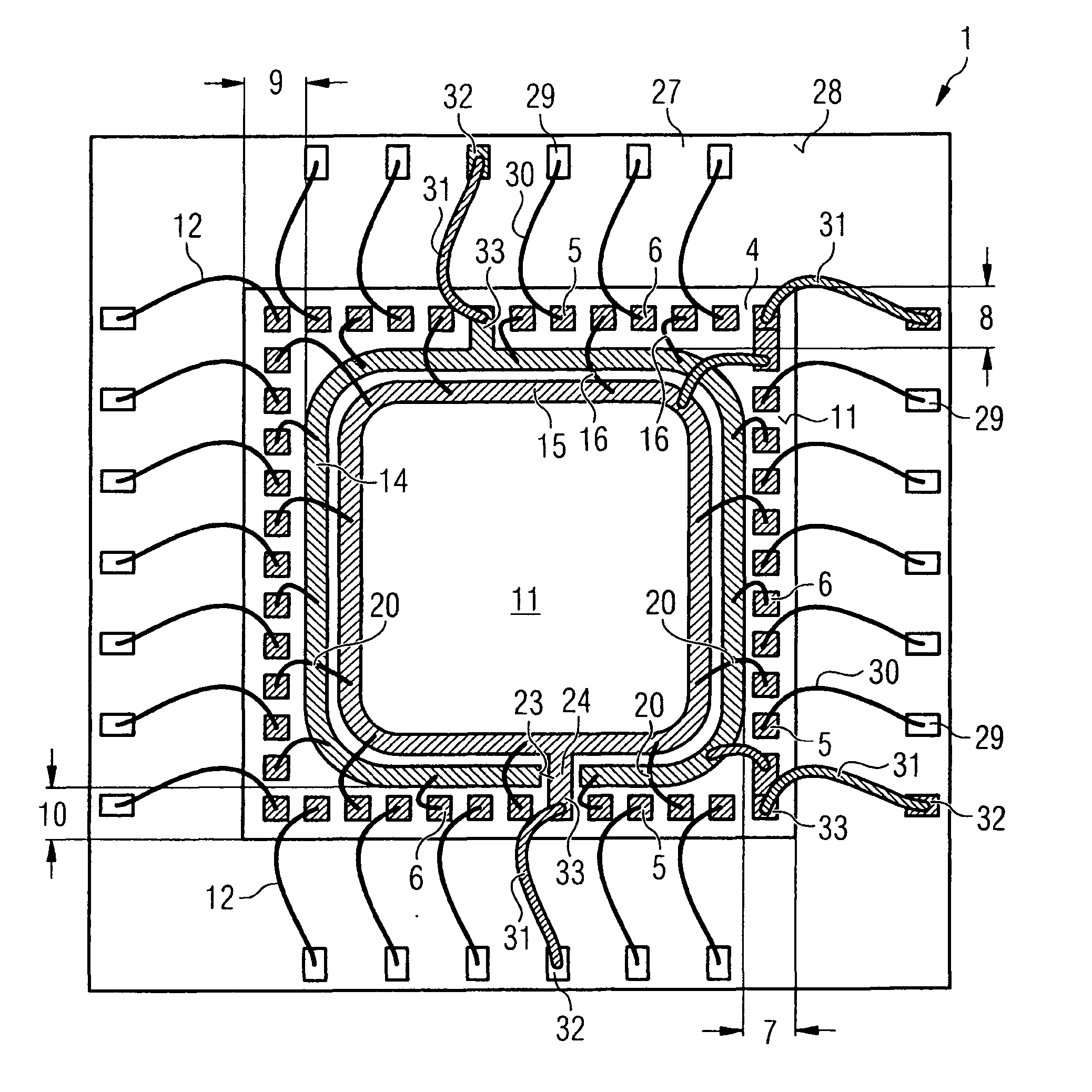 Semiconductor device including a semiconductor chip with signal contact areas and supply contact areas, and method for producing the semiconductor device