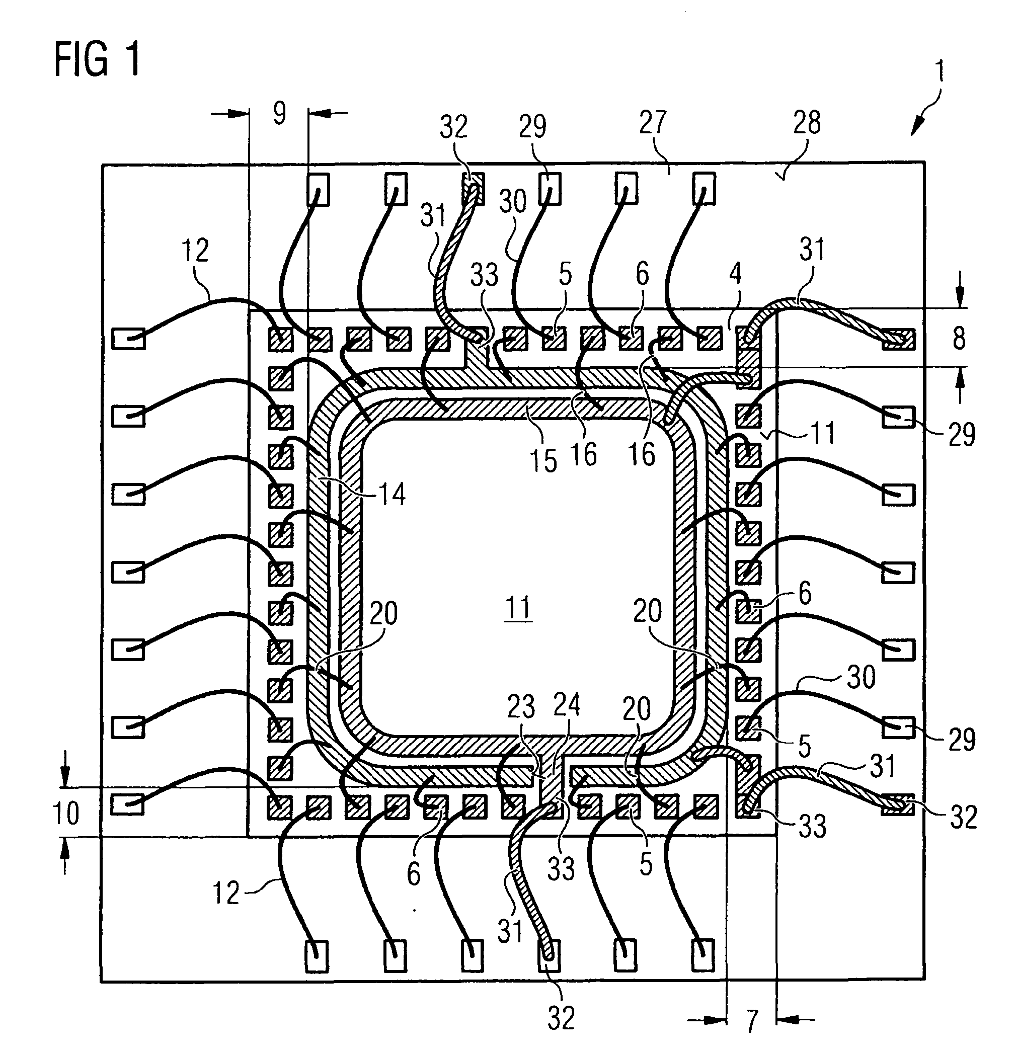 Semiconductor device including a semiconductor chip with signal contact areas and supply contact areas, and method for producing the semiconductor device