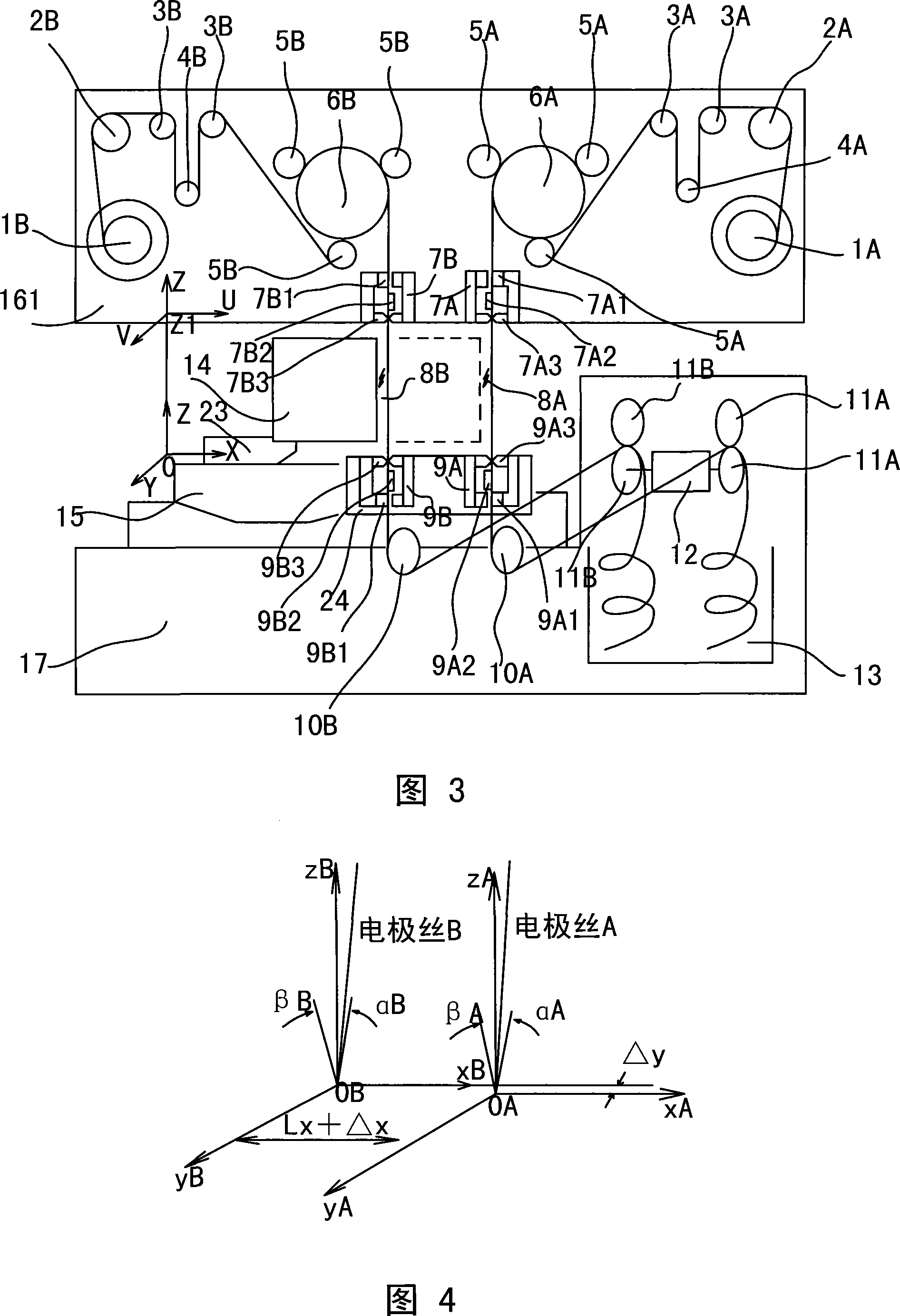 Wire cutting electric-discharge machining device of double three-dimension position coordinate system