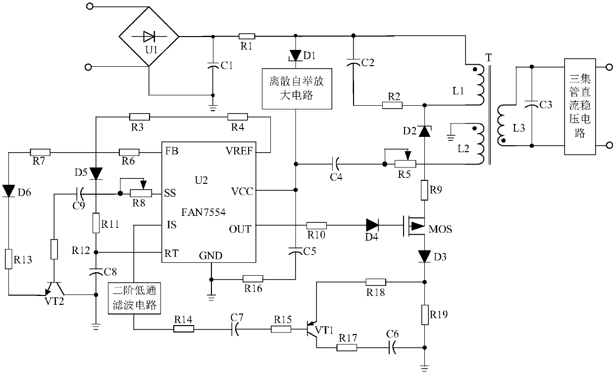 Overcurrent adjusting power supply based on triode direct current voltage stabilizing for LED lamp band