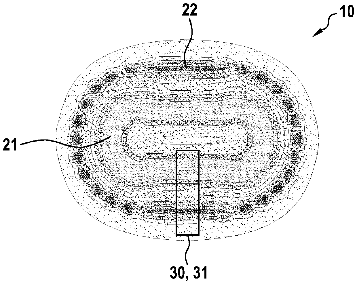 Device for inductively charging an electric vehicle, and method for detecting electrically conductive foreign bodies in such a device