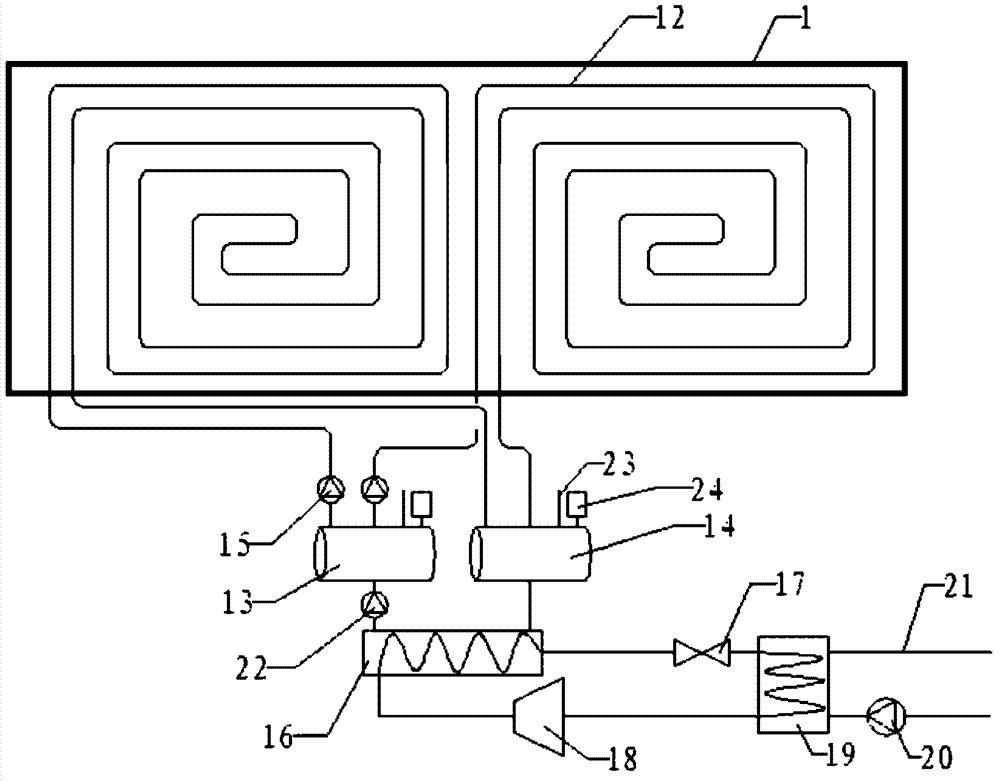 Greenhouse-type drying device combining solar and sewage sources with heat pump and method